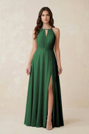 Halter A - Line Chiffon Bridesmaid Dress With Slit in Dark Green - KISS BRIDAL Bridesmaid Dresses