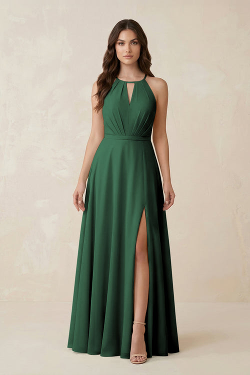 Halter A-Line Chiffon Bridesmaid Dress With Slit in Dark Green | KISSBRIDAL