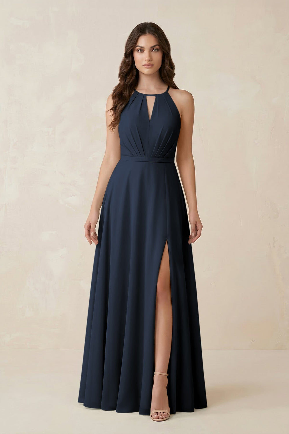 Halter A - Line Chiffon Bridesmaid Dress With Slit in Dark Navy - KISS BRIDAL Bridesmaid Dresses