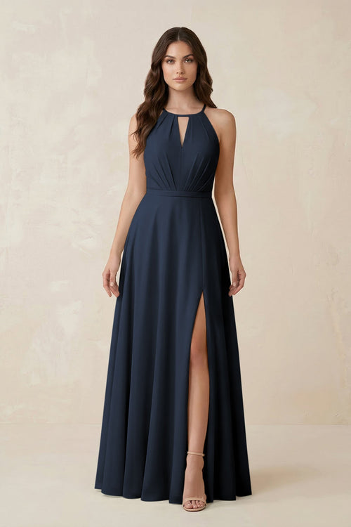 Halter A - Line Chiffon Bridesmaid Dress With Slit in Dark Navy - KISS BRIDAL Bridesmaid Dresses