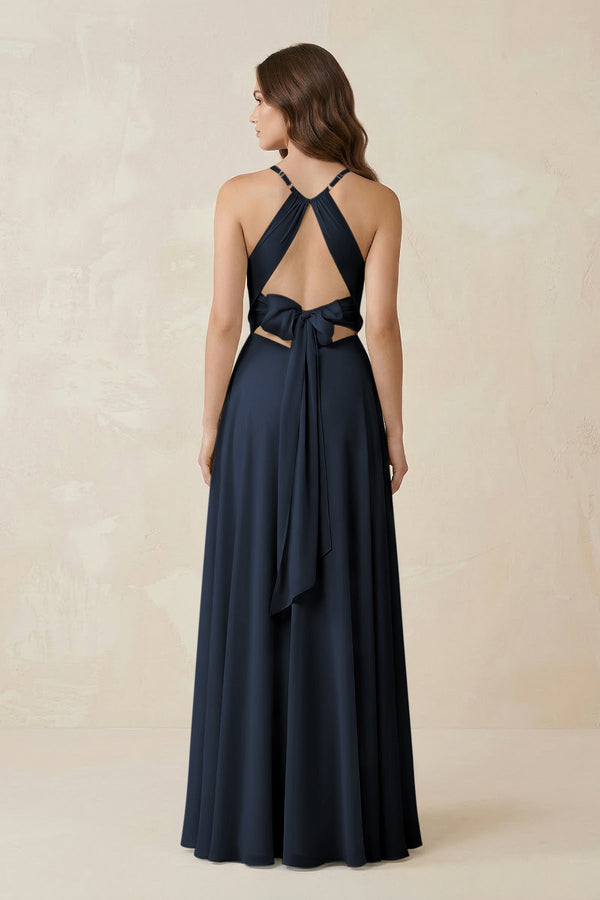 Halter A - Line Chiffon Bridesmaid Dress With Slit in Dark Navy - KISS BRIDAL Bridesmaid Dresses