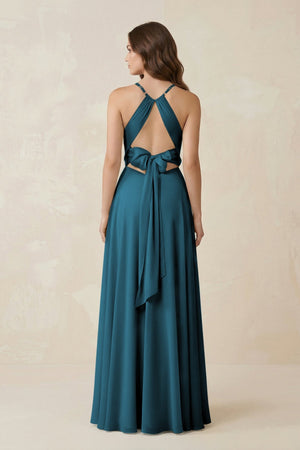 Halter A - Line Chiffon Bridesmaid Dress With Slit in Dark Teal - KISS BRIDAL Bridesmaid Dresses