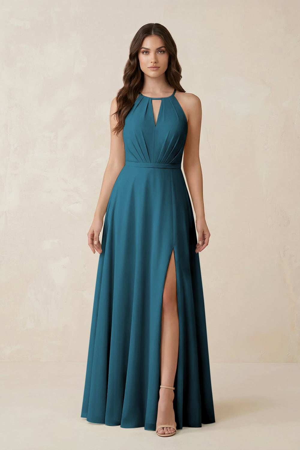 Halter A - Line Chiffon Bridesmaid Dress With Slit in Dark Teal - KISS BRIDAL Bridesmaid Dresses