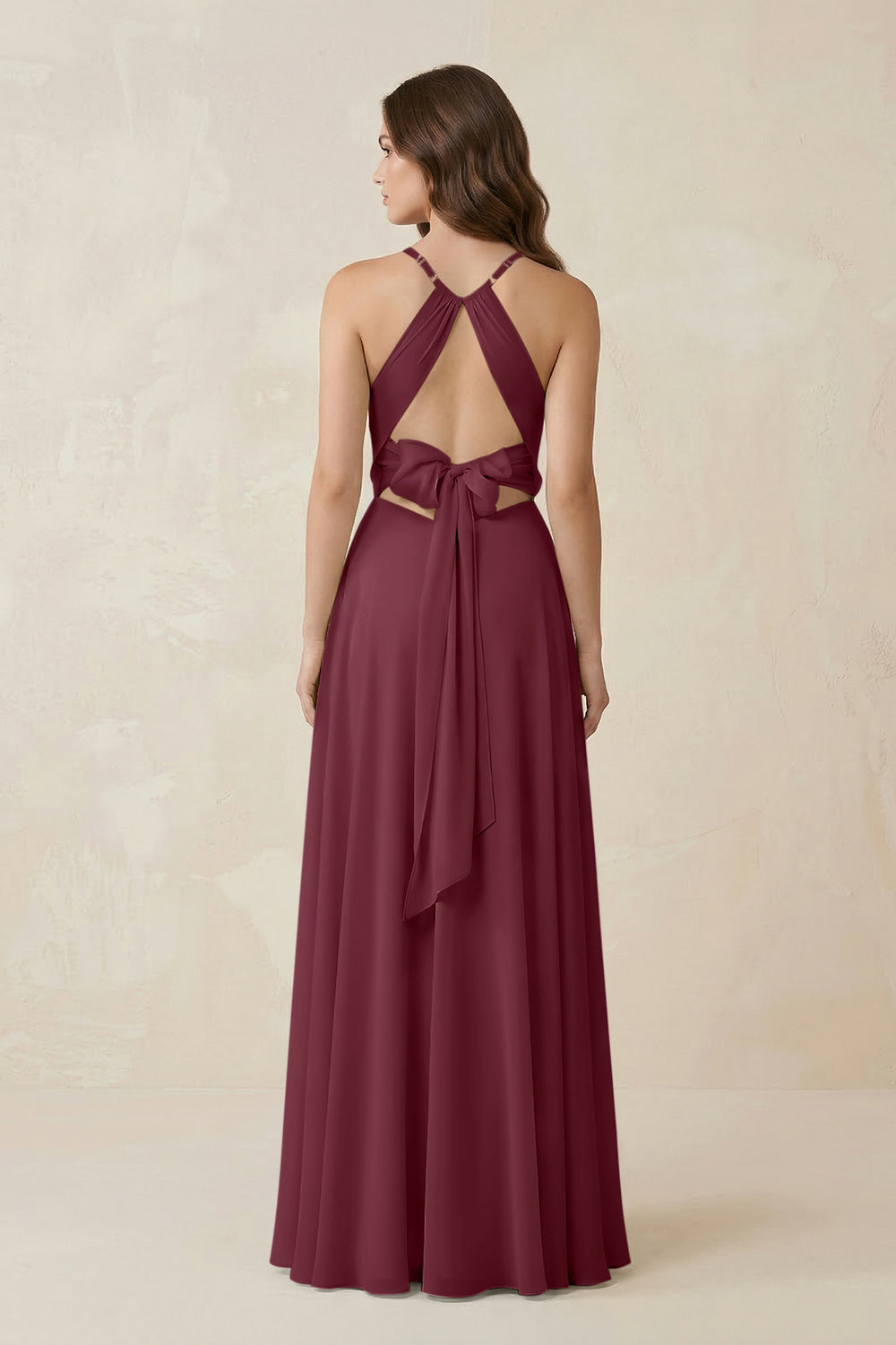 Halter A-Line Chiffon Bridesmaid Dress With Slit in Desert Rose