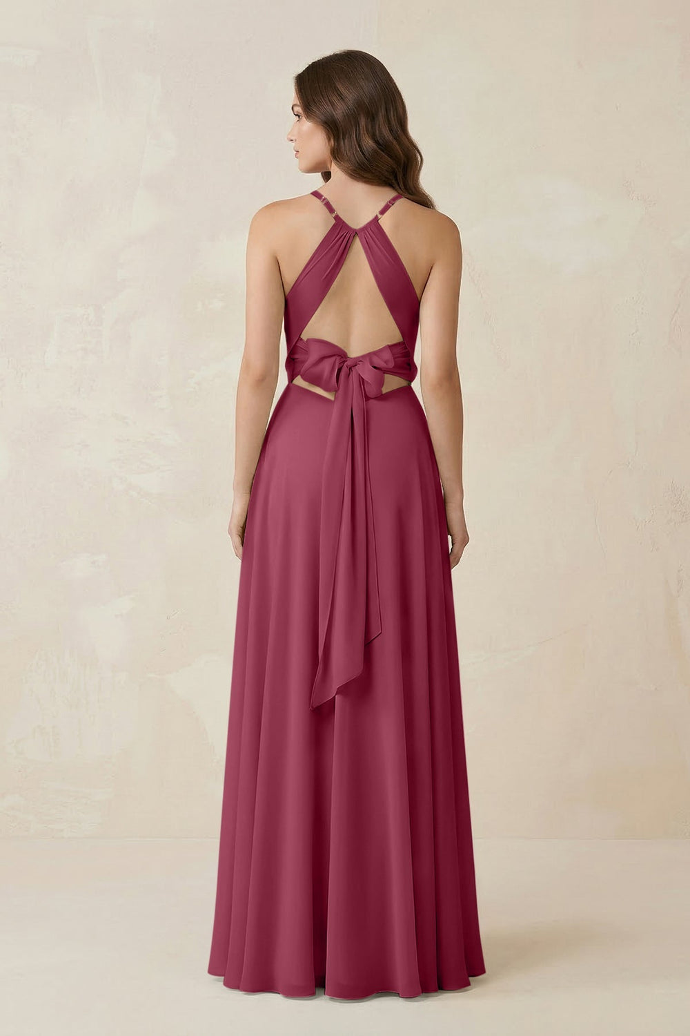 Halter A - Line Chiffon Bridesmaid Dress With Slit in Desert Rose - KISS BRIDAL Bridesmaid Dresses