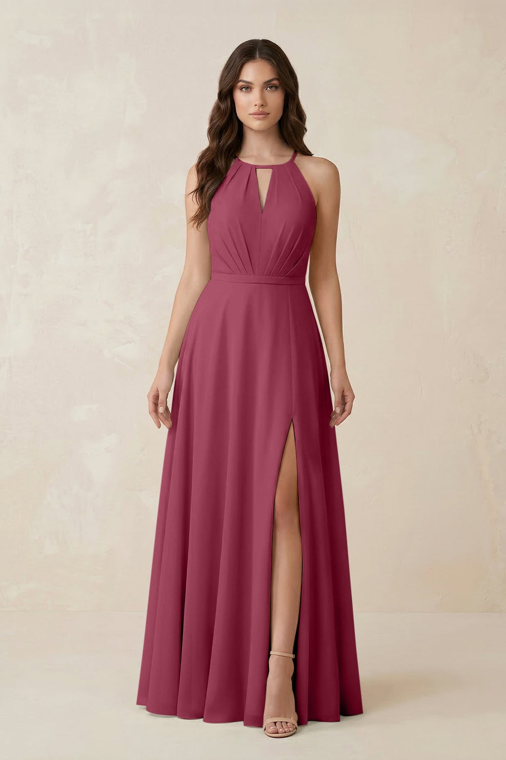 Halter A - Line Chiffon Bridesmaid Dress With Slit in Desert Rose - KISS BRIDAL Bridesmaid Dresses