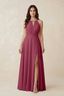 Halter A - Line Chiffon Bridesmaid Dress With Slit in Desert Rose - KISS BRIDAL Bridesmaid Dresses