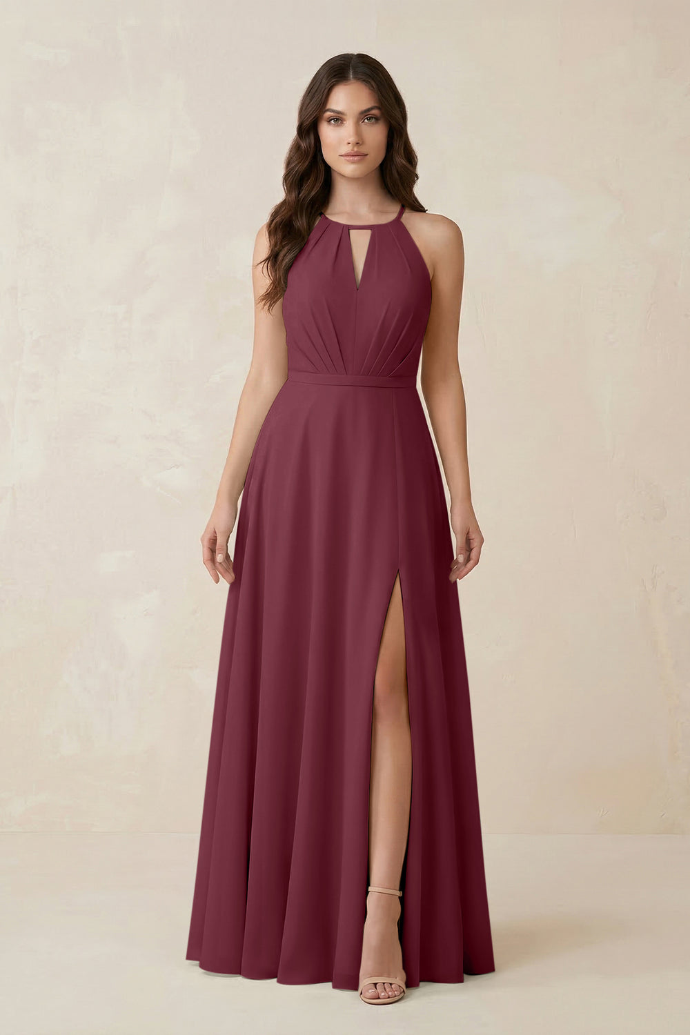 Halter A-Line Chiffon Bridesmaid Dress With Slit in Desert Rose