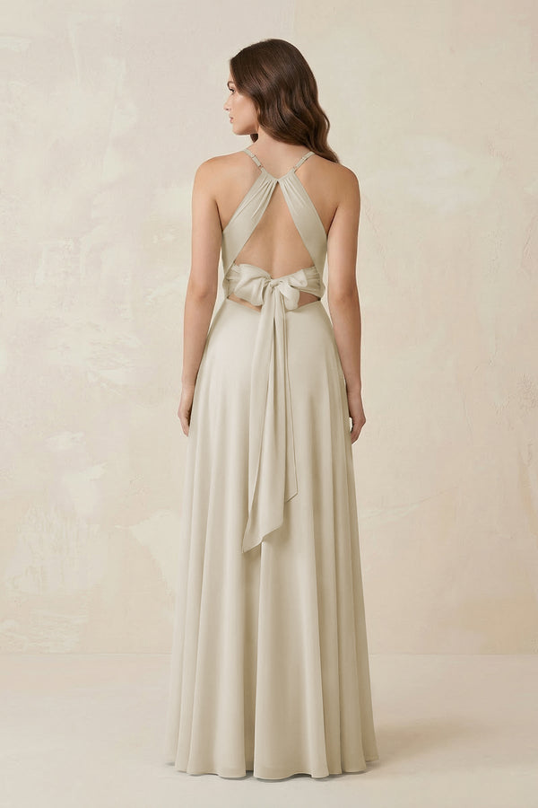 Halter A - Line Chiffon Bridesmaid Dress With Slit in Dove Gray - KISS BRIDAL Bridesmaid Dresses