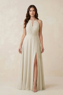 Halter A - Line Chiffon Bridesmaid Dress With Slit in Dove Gray - KISS BRIDAL Bridesmaid Dresses