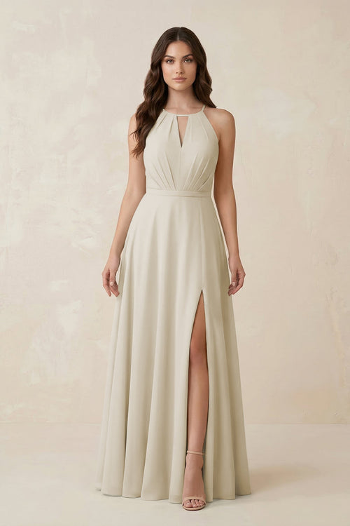 Halter A - Line Chiffon Bridesmaid Dress With Slit in Dove Gray - KISS BRIDAL Bridesmaid Dresses