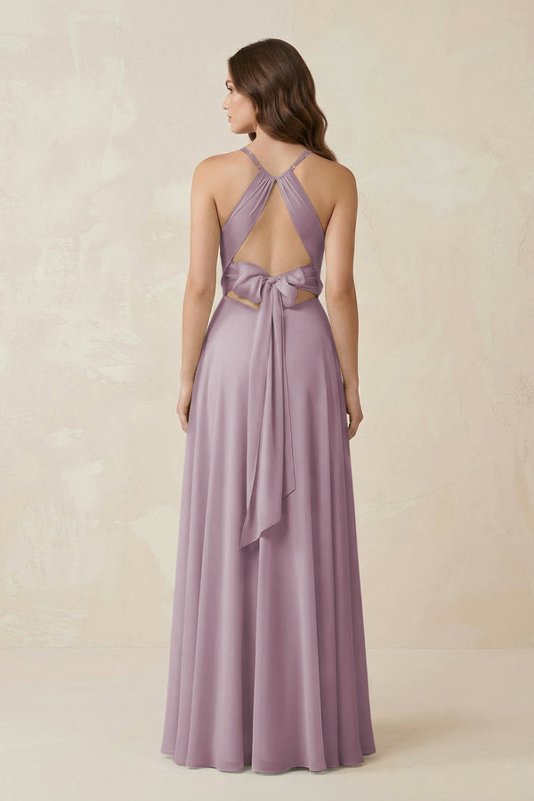 Halter A - Line Chiffon Bridesmaid Dress With Slit in Dusk - KISS BRIDAL Bridesmaid Dresses
