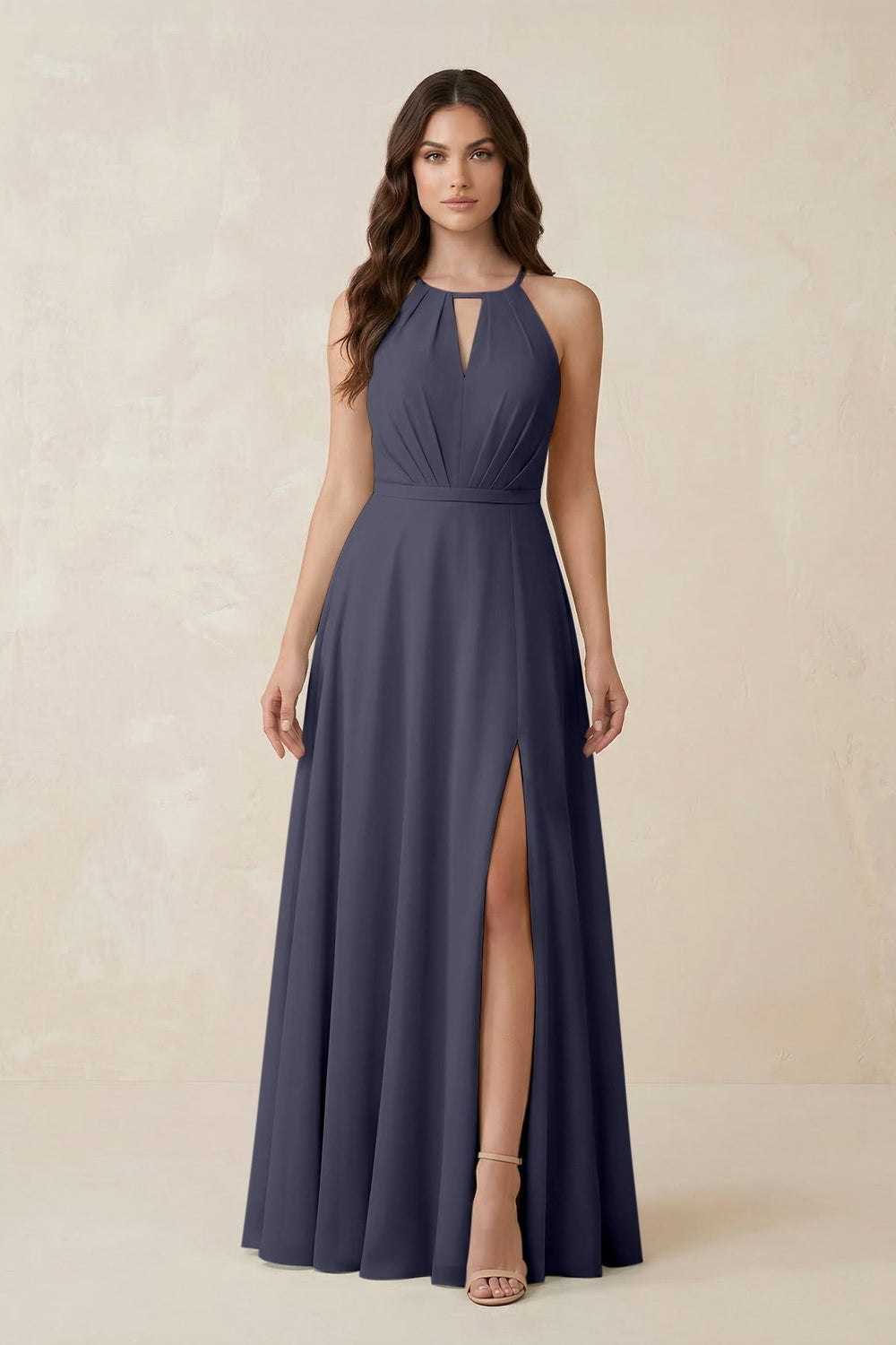 Halter A - Line Chiffon Bridesmaid Dress With Slit in Dusk Blue - KISS BRIDAL Bridesmaid Dresses