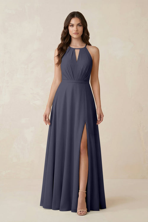 Halter A - Line Chiffon Bridesmaid Dress With Slit in Dusk Blue - KISS BRIDAL Bridesmaid Dresses