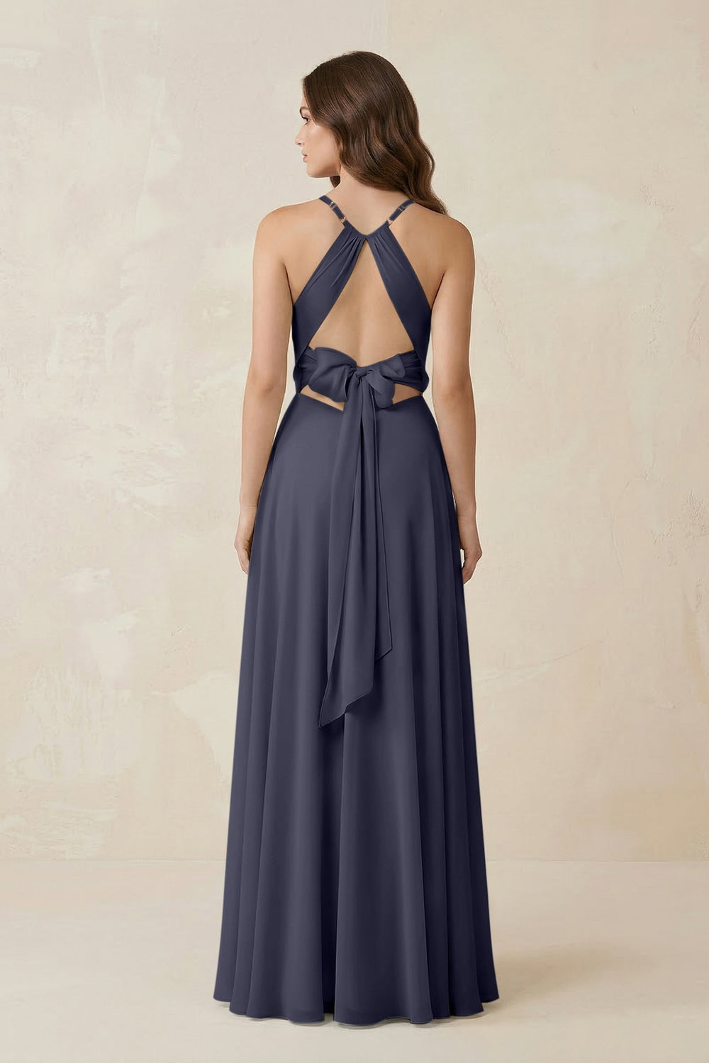 Halter A - Line Chiffon Bridesmaid Dress With Slit in Dusk Blue - KISS BRIDAL Bridesmaid Dresses