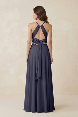 Halter A - Line Chiffon Bridesmaid Dress With Slit in Dusk Blue - KISS BRIDAL Bridesmaid Dresses