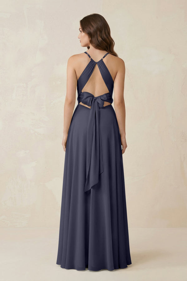Halter A - Line Chiffon Bridesmaid Dress With Slit in Dusk Blue - KISS BRIDAL Bridesmaid Dresses