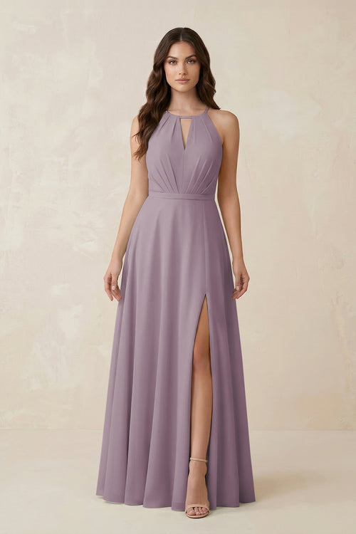 Halter A-Line Chiffon Bridesmaid Dress With Slit in Dusk | KISSBRIDAL