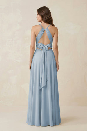 Halter A - Line Chiffon Bridesmaid Dress With Slit in Dusty Blue - KISS BRIDAL Bridesmaid Dresses