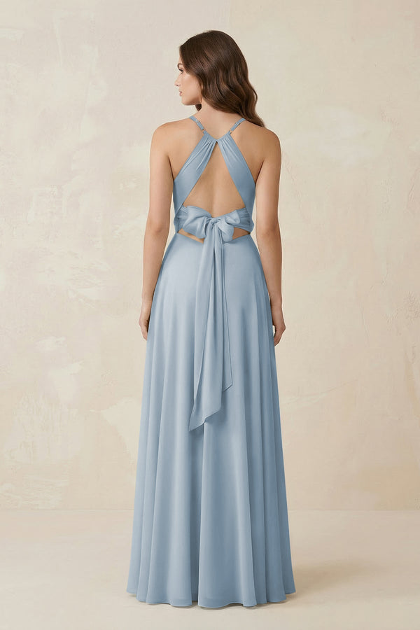 Halter A - Line Chiffon Bridesmaid Dress With Slit in Dusty Blue - KISS BRIDAL Bridesmaid Dresses