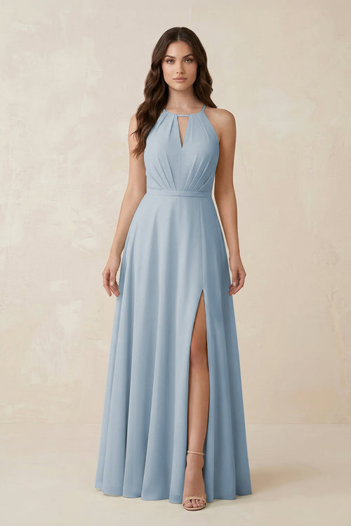 Halter A - Line Chiffon Bridesmaid Dress With Slit in Dusty Blue - KISS BRIDAL Bridesmaid Dresses
