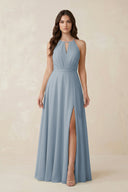 Halter A-Line Chiffon Bridesmaid Dress With Slit in Dusty Blue | KISSBRIDAL