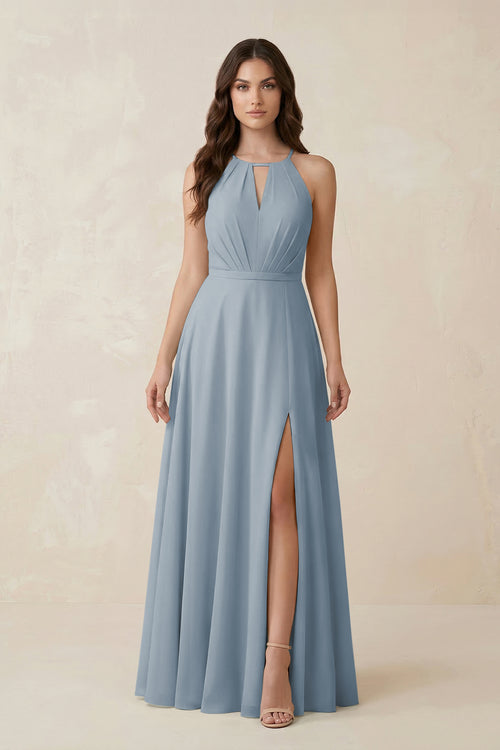Halter A-Line Chiffon Bridesmaid Dress With Slit in Dusty Blue | KISSBRIDAL