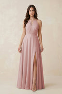 Halter A - Line Chiffon Bridesmaid Dress With Slit in Dusty Rose - KISS BRIDAL Bridesmaid Dresses