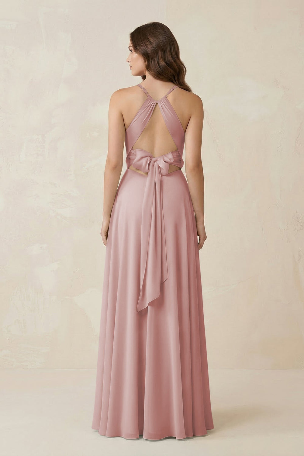 Halter A - Line Chiffon Bridesmaid Dress With Slit in Dusty Rose - KISS BRIDAL Bridesmaid Dresses