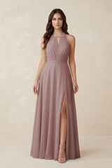 Halter A-Line Chiffon Bridesmaid Dress With Slit in Dusty Rose | KISSBRIDAL