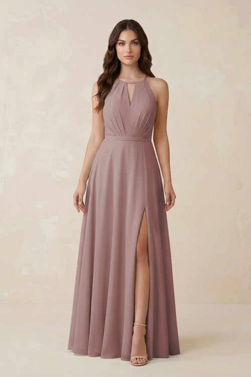 Halter A-Line Chiffon Bridesmaid Dress With Slit in Dusty Rose | KISSBRIDAL