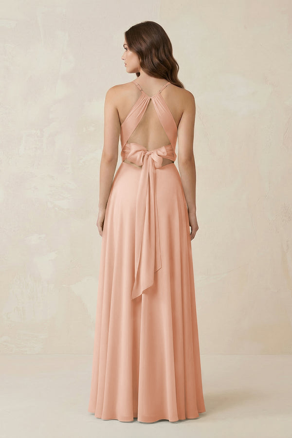 Halter A - Line Chiffon Bridesmaid Dress With Slit in English Rose - KISS BRIDAL Bridesmaid Dresses
