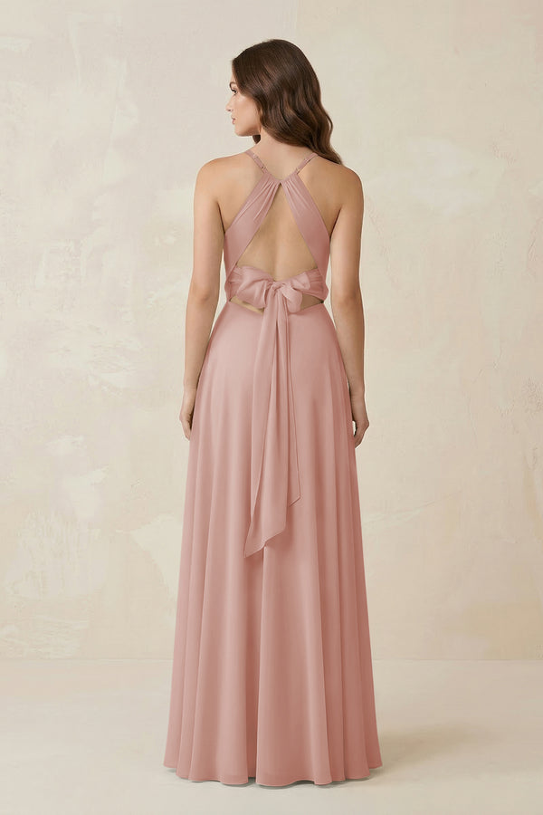 Halter A-Line Chiffon Bridesmaid Dress With Slit in English Rose (2) | KISSBRIDAL