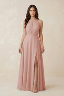 Halter A-Line Chiffon Bridesmaid Dress With Slit in English Rose | KISSBRIDAL