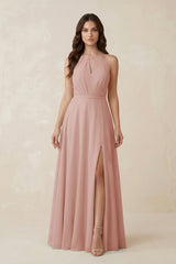 Halter A-Line Chiffon Bridesmaid Dress With Slit in English Rose | KISSBRIDAL