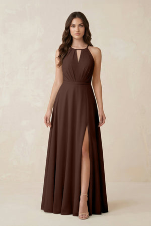 Halter A - Line Chiffon Bridesmaid Dress With Slit in Espresso - KISS BRIDAL Bridesmaid Dresses