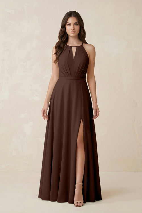 Halter A - Line Chiffon Bridesmaid Dress With Slit in Espresso - KISS BRIDAL Bridesmaid Dresses