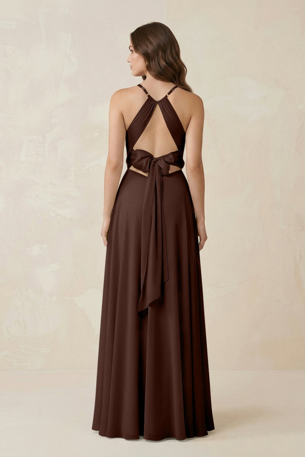 Halter A - Line Chiffon Bridesmaid Dress With Slit in Espresso - KISS BRIDAL Bridesmaid Dresses