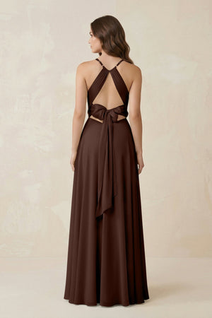 Halter A - Line Chiffon Bridesmaid Dress With Slit in Espresso - KISS BRIDAL Bridesmaid Dresses