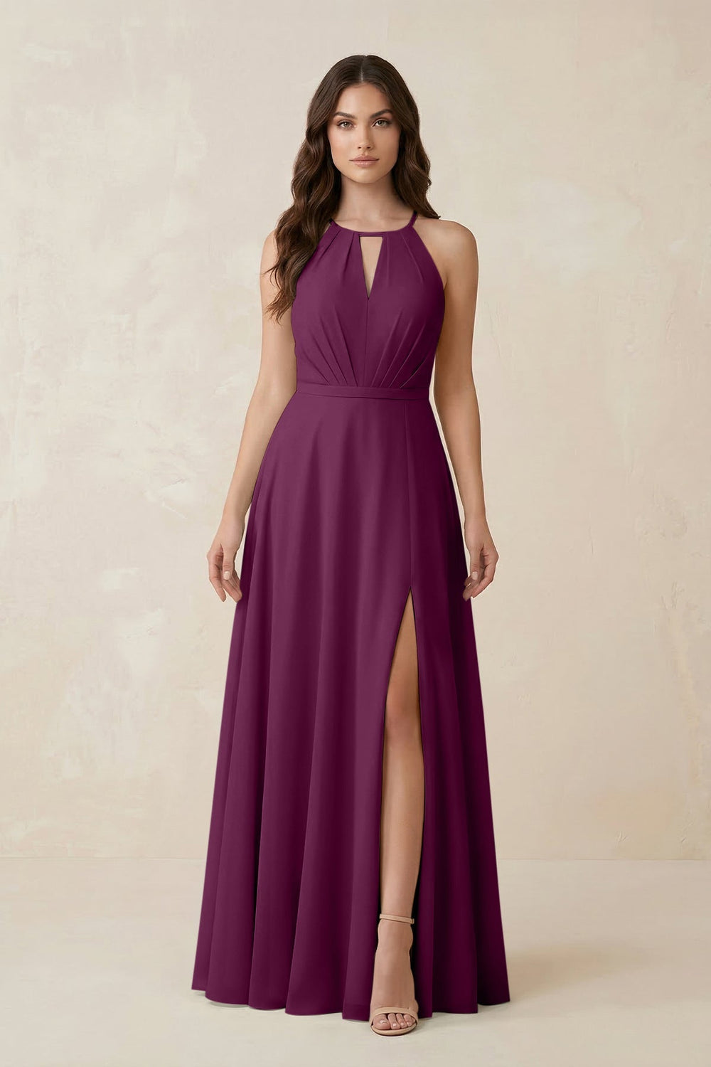 Halter A - Line Chiffon Bridesmaid Dress With Slit in Fig - KISS BRIDAL Bridesmaid Dresses