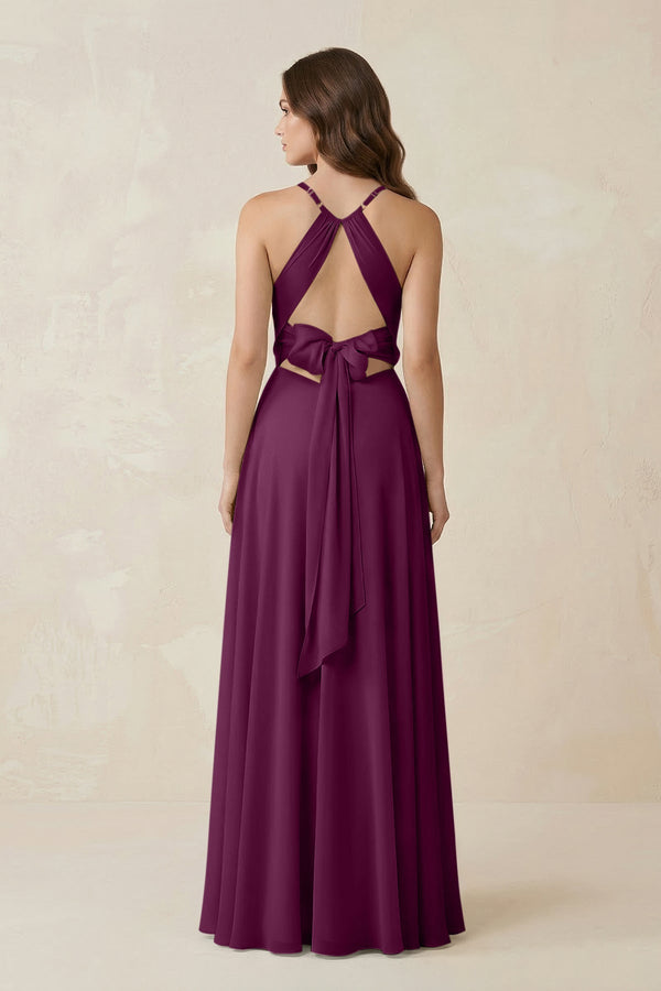 Halter A - Line Chiffon Bridesmaid Dress With Slit in Fig - KISS BRIDAL Bridesmaid Dresses
