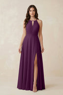 Halter A-Line Chiffon Bridesmaid Dress With Slit in Fig | KISSBRIDAL