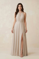 Halter A - Line Chiffon Bridesmaid Dress With Slit in Frost - KISS BRIDAL Bridesmaid Dresses