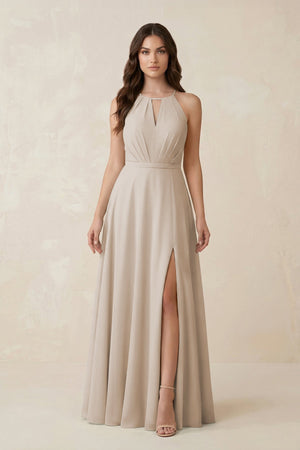 Halter A - Line Chiffon Bridesmaid Dress With Slit in Frost - KISS BRIDAL Bridesmaid Dresses