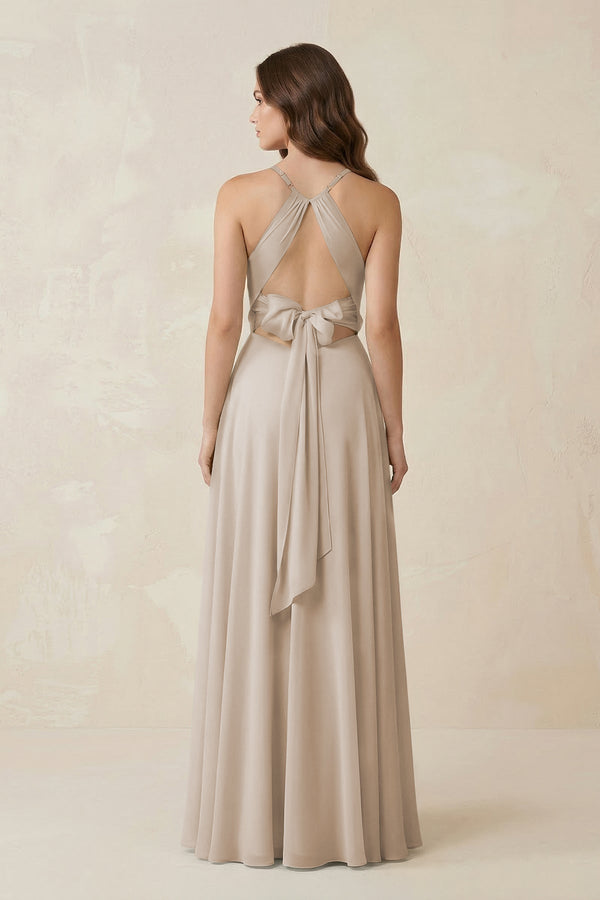 Halter A - Line Chiffon Bridesmaid Dress With Slit in Frost - KISS BRIDAL Bridesmaid Dresses