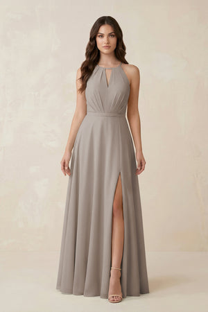 Halter A-Line Chiffon Bridesmaid Dress With Slit in Frost | KISSBRIDAL
