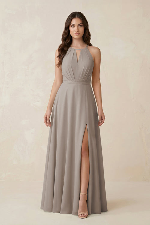Halter A-Line Chiffon Bridesmaid Dress With Slit in Frost | KISSBRIDAL