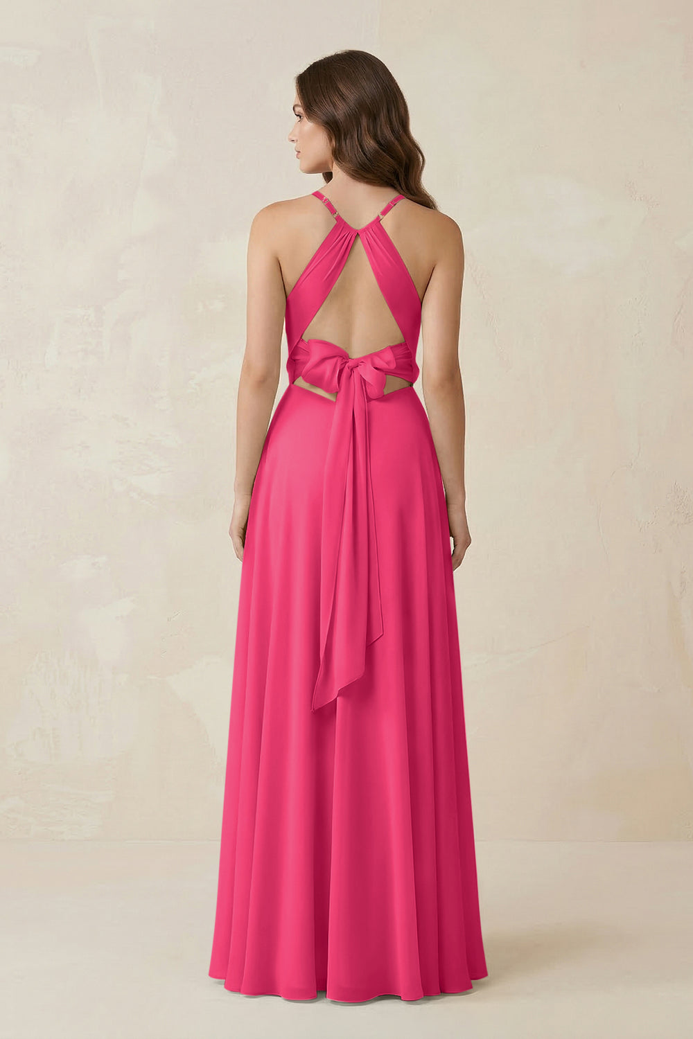 Halter A-Line Chiffon Bridesmaid Dress With Slit in Fuchsia