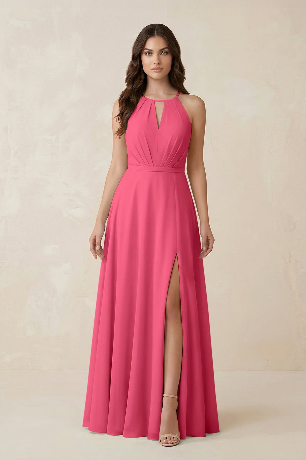 Halter A - Line Chiffon Bridesmaid Dress With Slit in Fuchsia - KISS BRIDAL Bridesmaid Dresses