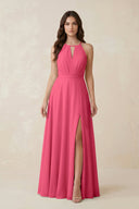 Halter A - Line Chiffon Bridesmaid Dress With Slit in Fuchsia - KISS BRIDAL Bridesmaid Dresses